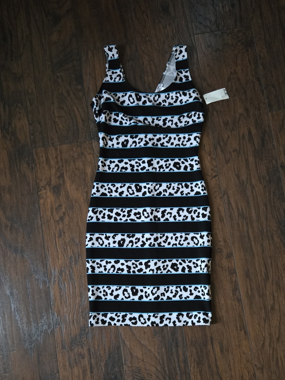 Bar III, Black, White, & Teal Block Striped Leopard Print Bodycon Dress, Medium
